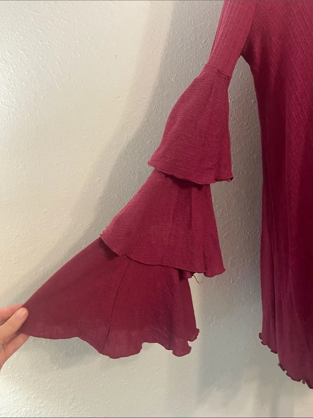 Free People Beach Burgundy Ruffled Long Sleeve Mini Dress Size Medium